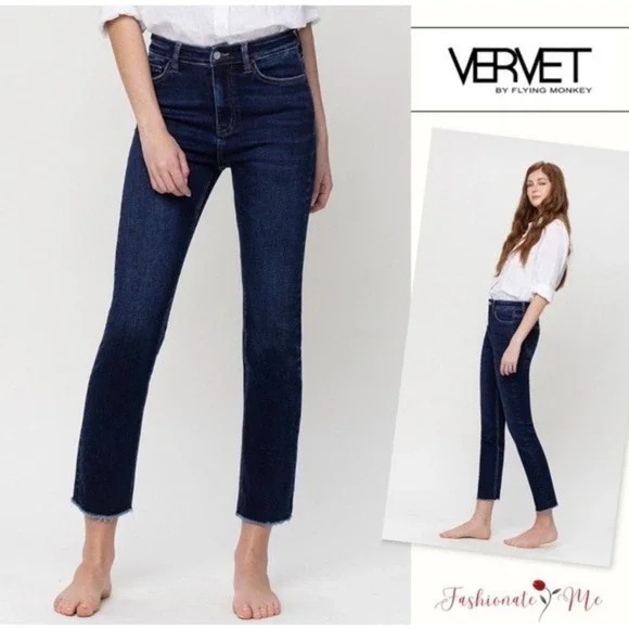Vervet By Flying Monkey High Rise Cropped Raw Hem Denim Jeans Dark Wash Size 29 - Picture 2 of 14
